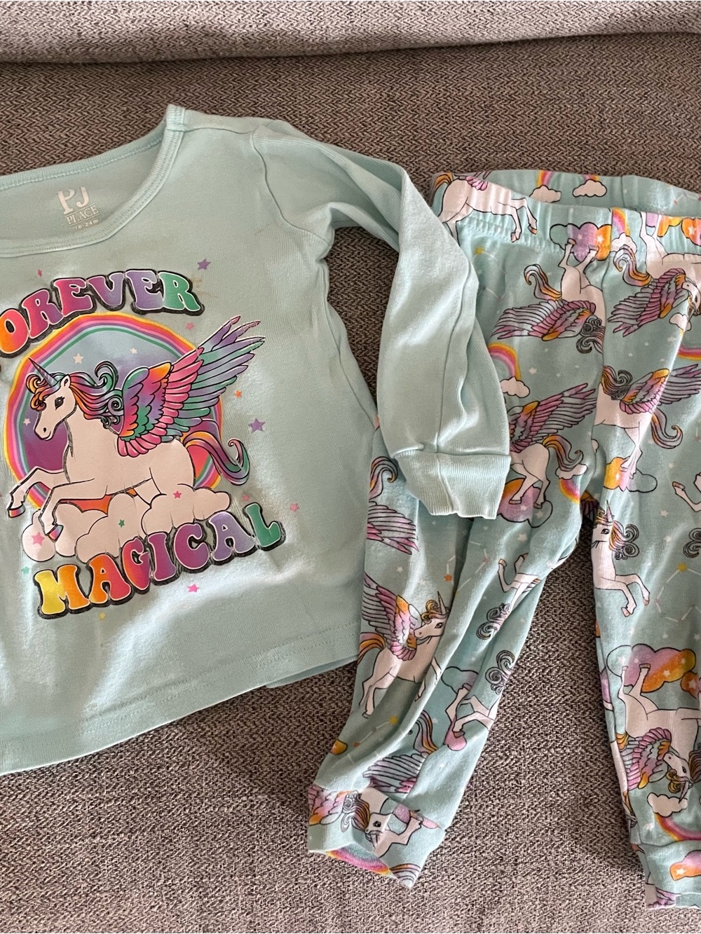 The Children's Place Mint Green Unicorn Pajama Set with Rainbow Accents